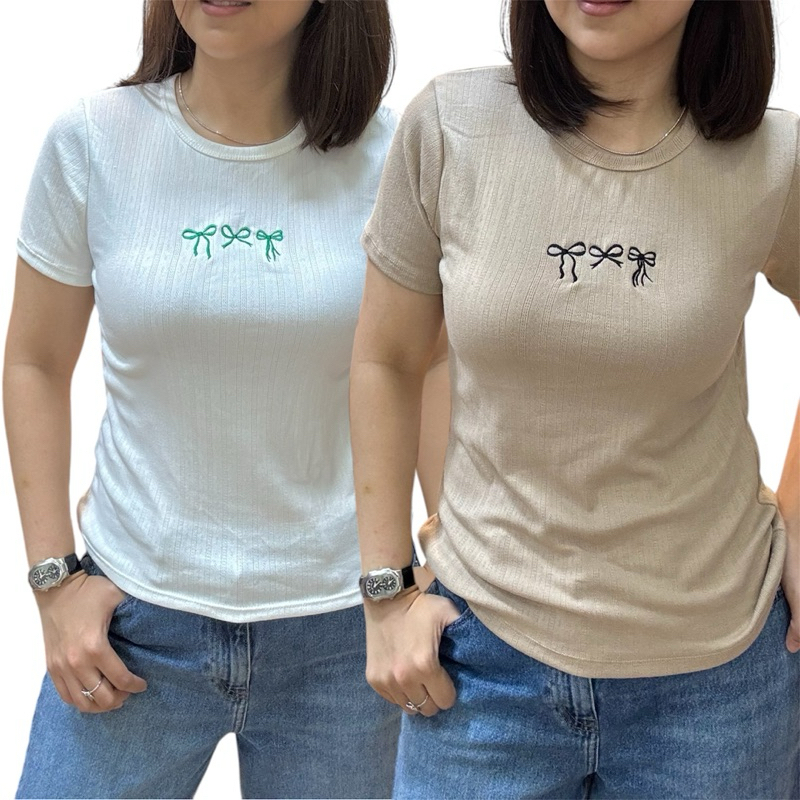 Tagless.ph WILLA Soft Cotton Knitted Round Neck T-shirt Embroidery Top ...
