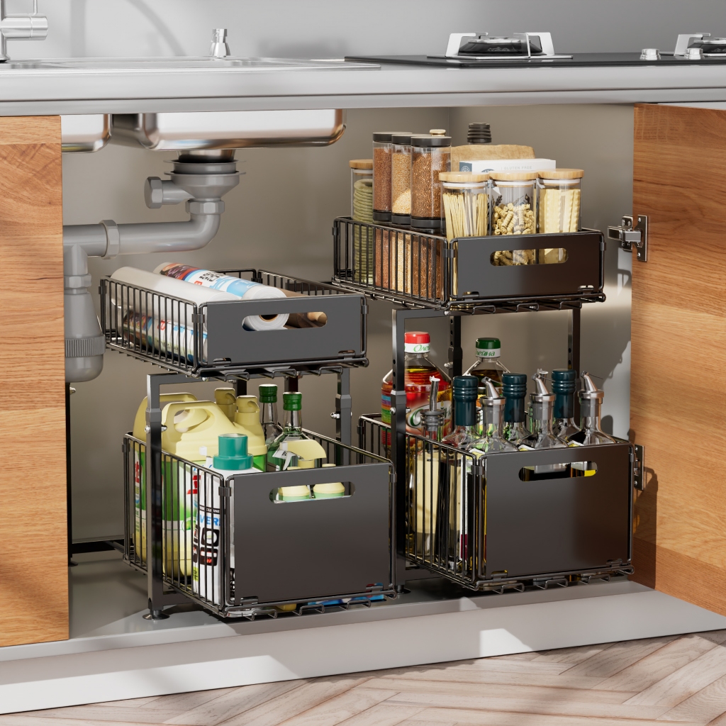 Kitchen Storage Rack Under Sink Pullout 2 layers Drawer Cabinet Dish ...