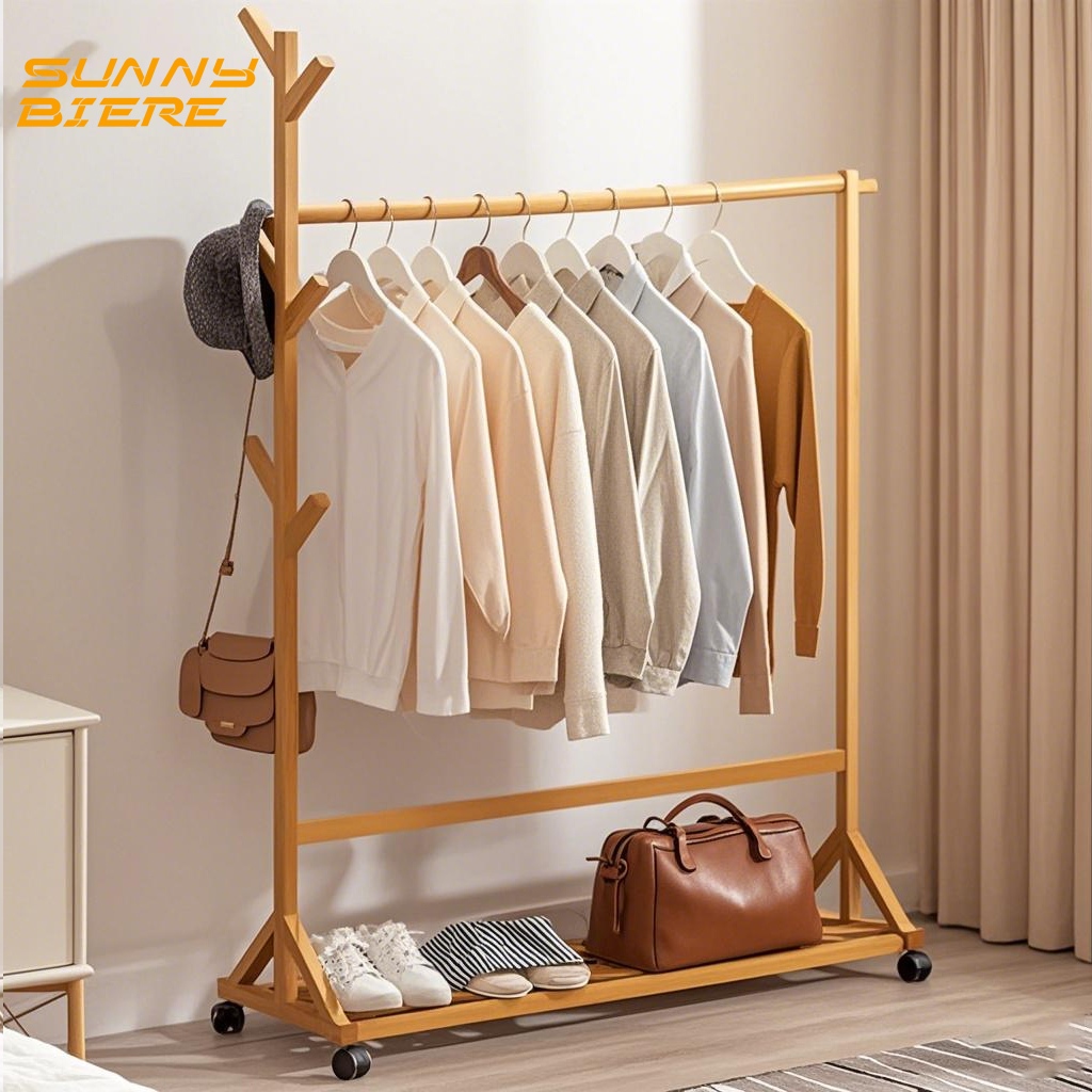SUNNY BIERE Clothes Rack Bamboo 60/80/100CM Movable Bmaboo Clothes Rack ...