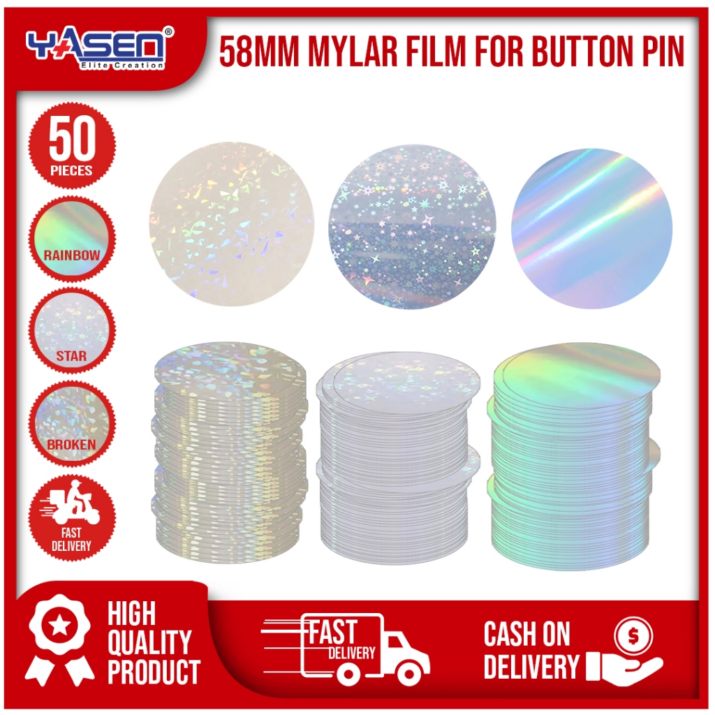 Button Pin Mylar Covers – 58mm, 50pcs | Glass Shards / Starry / Rainbow ...