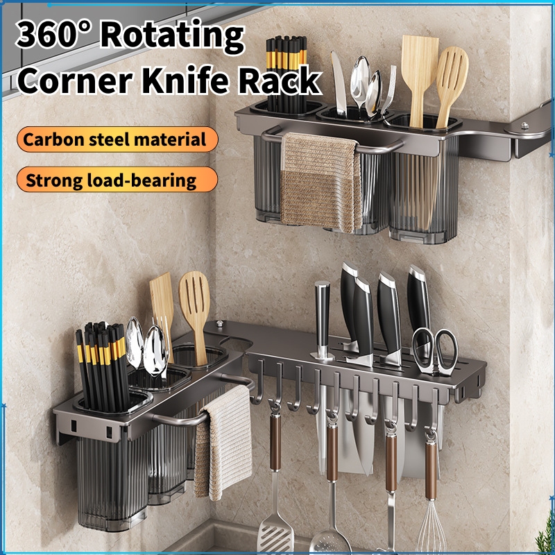 360 Rotating Kitchen Organizer Rack Wall Mounted Knife Holder with ...