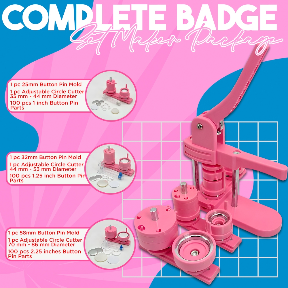 (Package) Pink Set Badge Pin Maker Machine with 25mm | 32mm | 58mm Mold ...