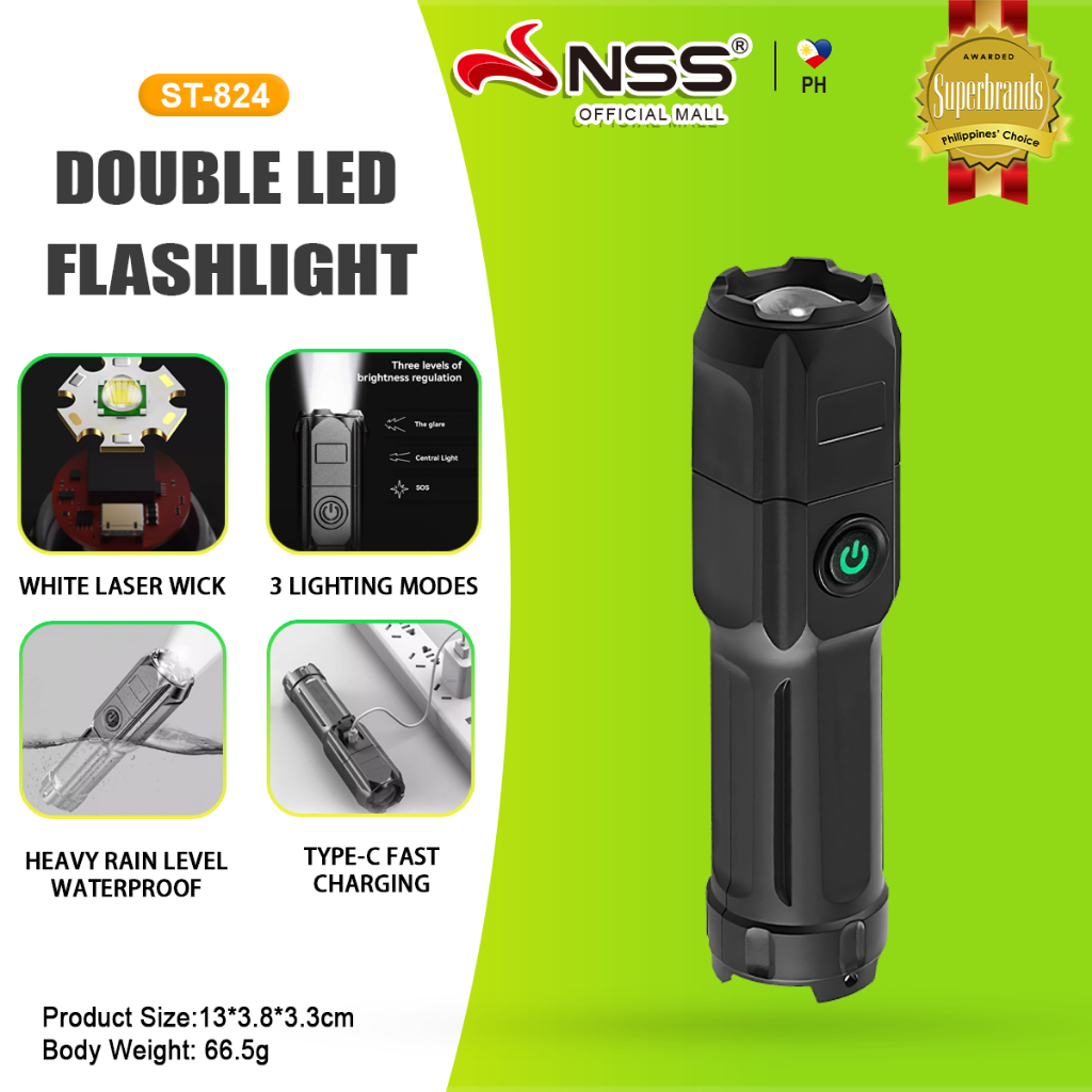 NSS Rechargeable Waterproof Flashlight Portable Double Led Flashlight ...