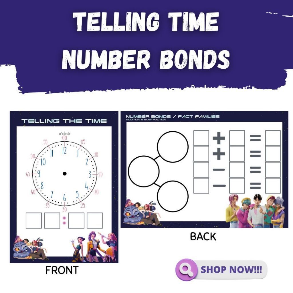 MATH Telling Time Clock Erasable, NUMBER BONDS, HUNTRIX KPop Demon ...