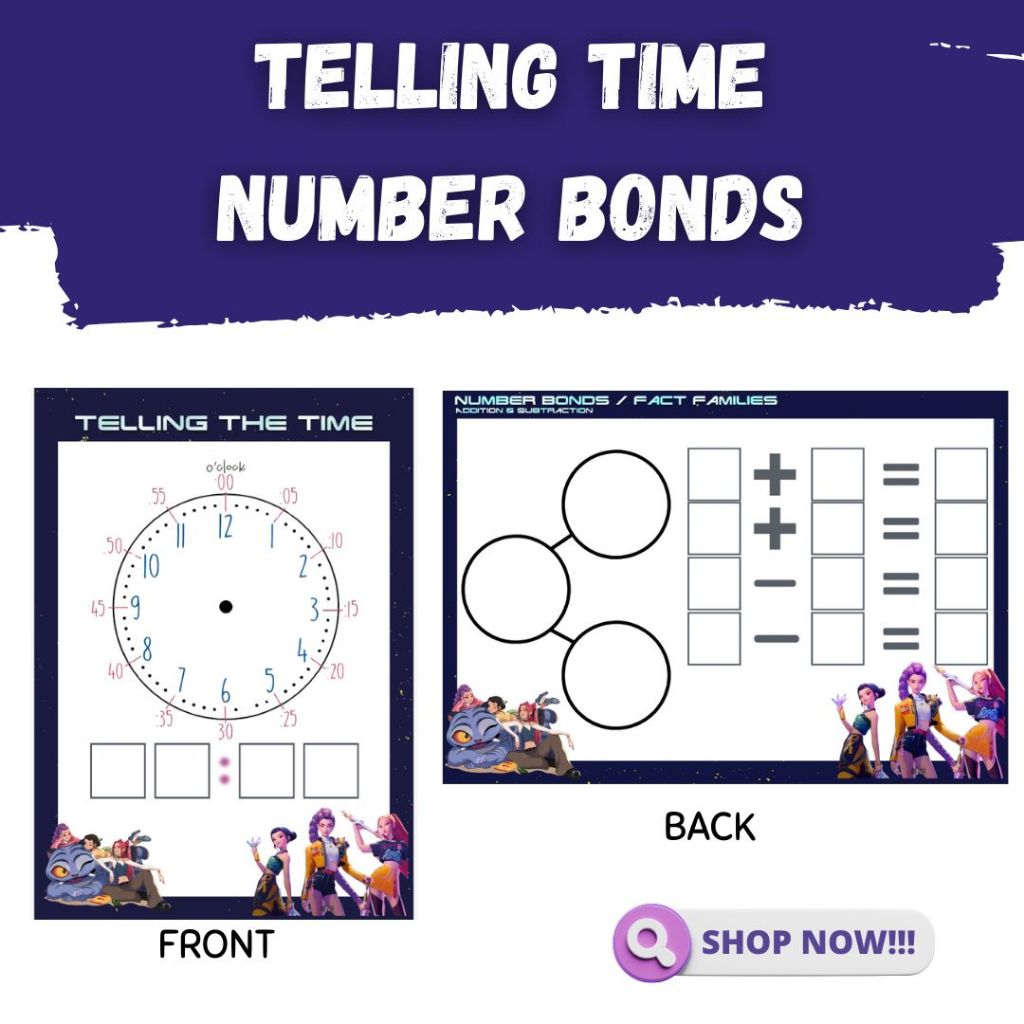MATH Telling Time Clock Erasable, NUMBER BONDS, HUNTRIX KPop Demon ...