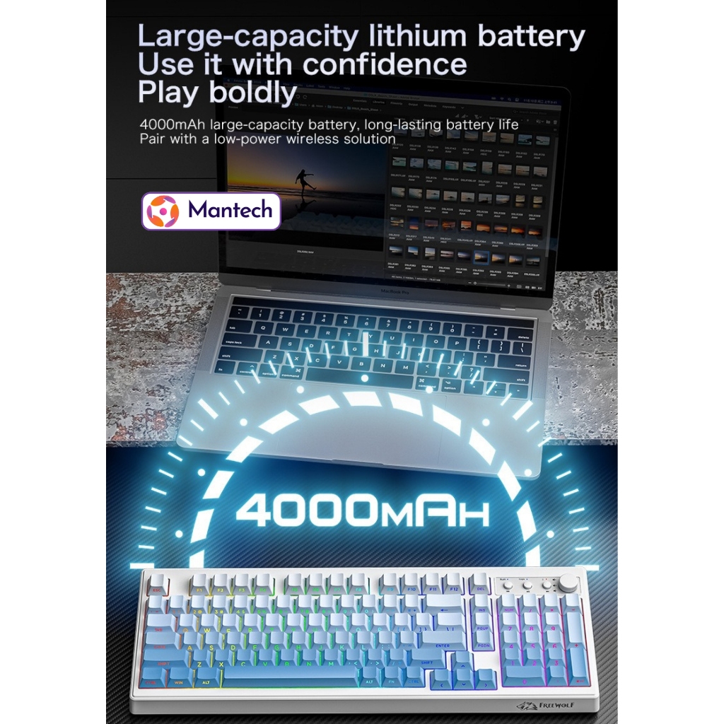FREEWOLF K100 Tastiera Gaming Senza Fili RGB con Tastierino Numerico, Connessione Bluetooth/2.4G Senza Fili/USB-C Cablata, Tasti Incisi sui Lati in PBT Gradiente, 4000mAh, Manopola Multimediale - Nero