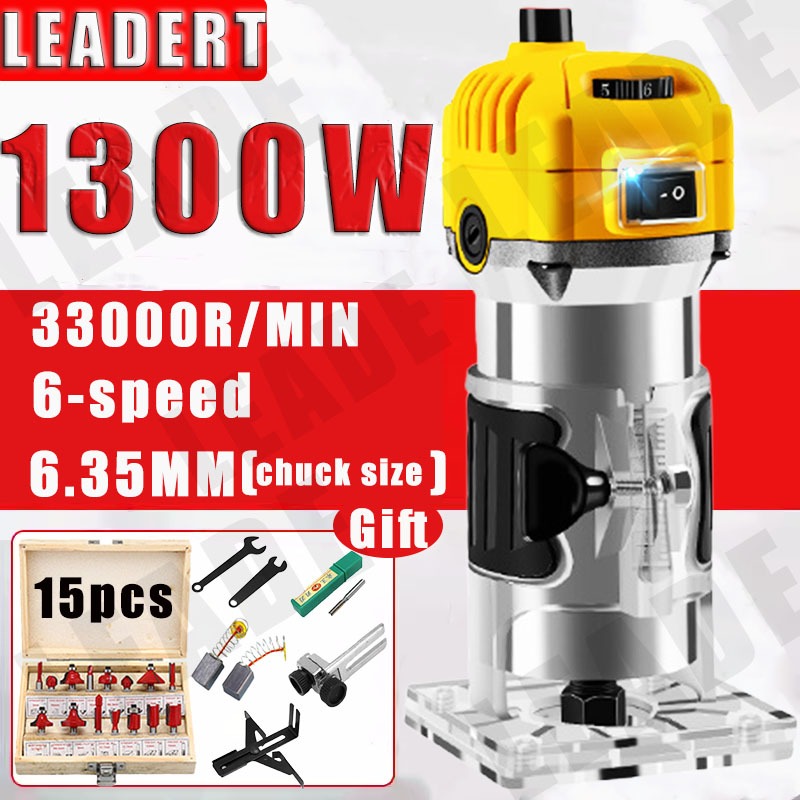 LEADER 1300W Power Tools Handheld Palm Wood Router With 15pcs Bits ...