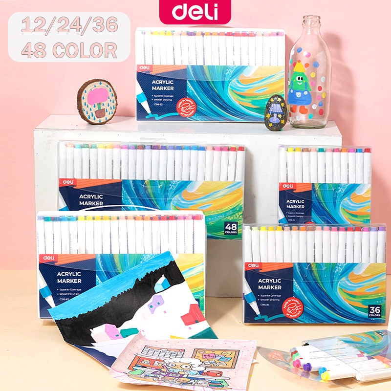 Deli 12/24/36/48 Colors Acrylic Marker Pen Set DIY Fade-Resistant Ink ...
