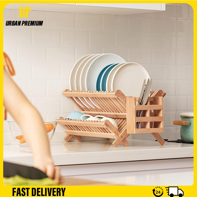 2 Layer Dish Rack Kitchen Bamboo Drainage Bowl Rack Multifunctional ...
