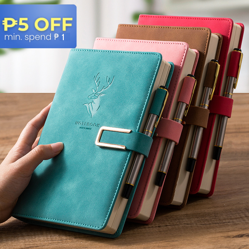 A5 Leather notebook with pen 416 Pages paper notepad big Thick cute ...