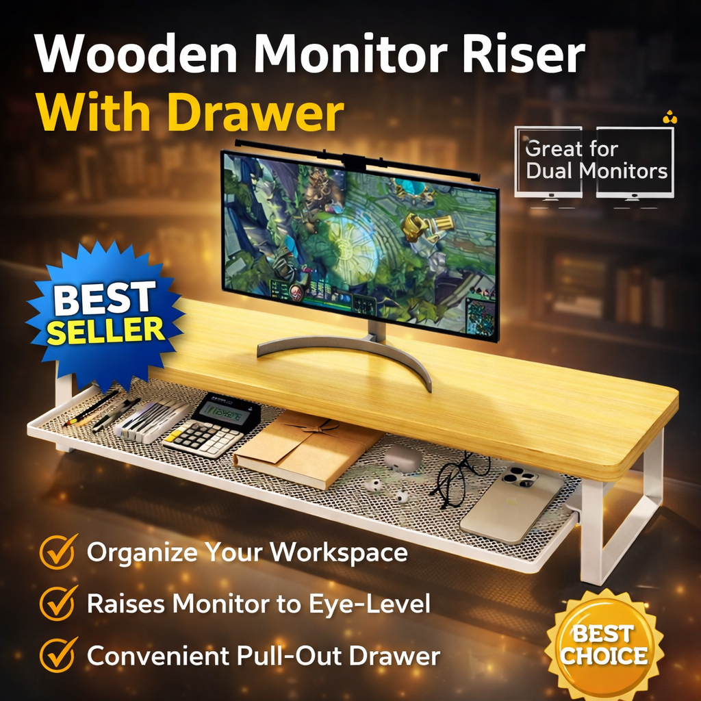 Monitor Stand Riser With Drawer Wooden Desk Organizer Dual Monitor ...