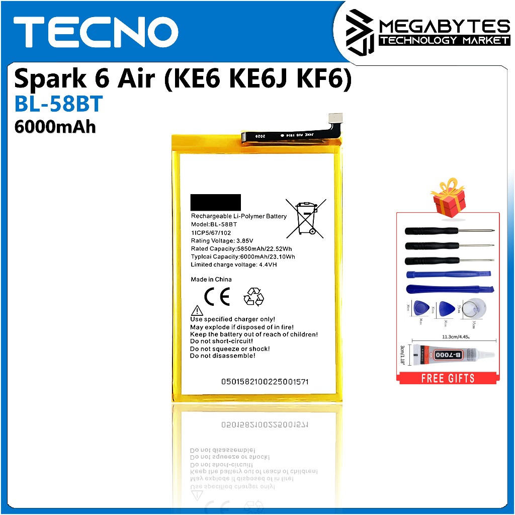 Megabytes Battery for Tecno Spark 6 Air | KE6 KE6J KF6 BL-58BT | Shopee ...