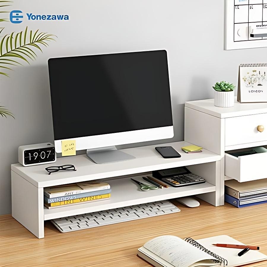 YONEZAWA Computer Monitor Holder Stand Riser Wooden Desk Organizer ...