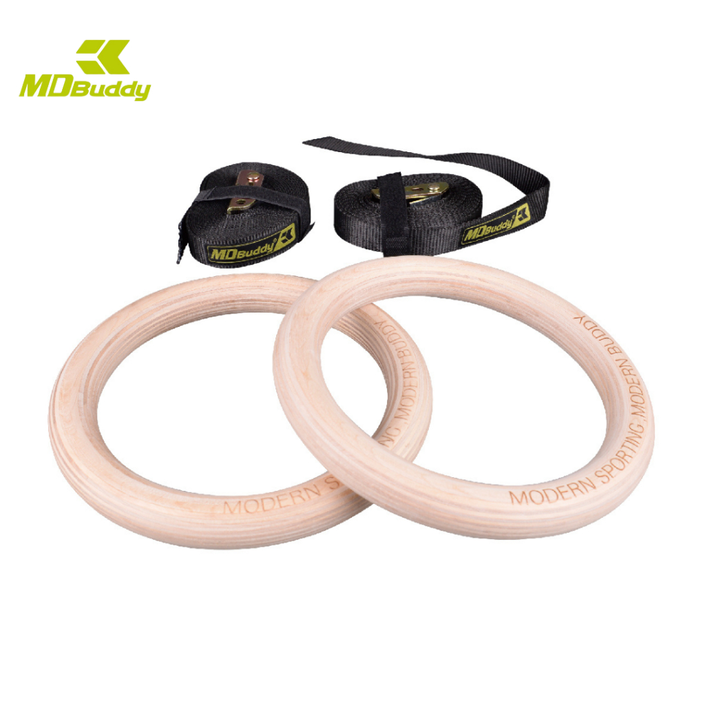 MD Buddy Fitness Nylon Strap Wooden Gymnastic Gym Rings Set of 2 Sports ...