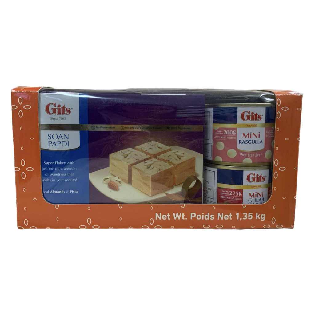 Gits Mini Gulab Jamun x 2 Cans + Mini Rasgulla x 2 Cans + Soan Papdi x ...