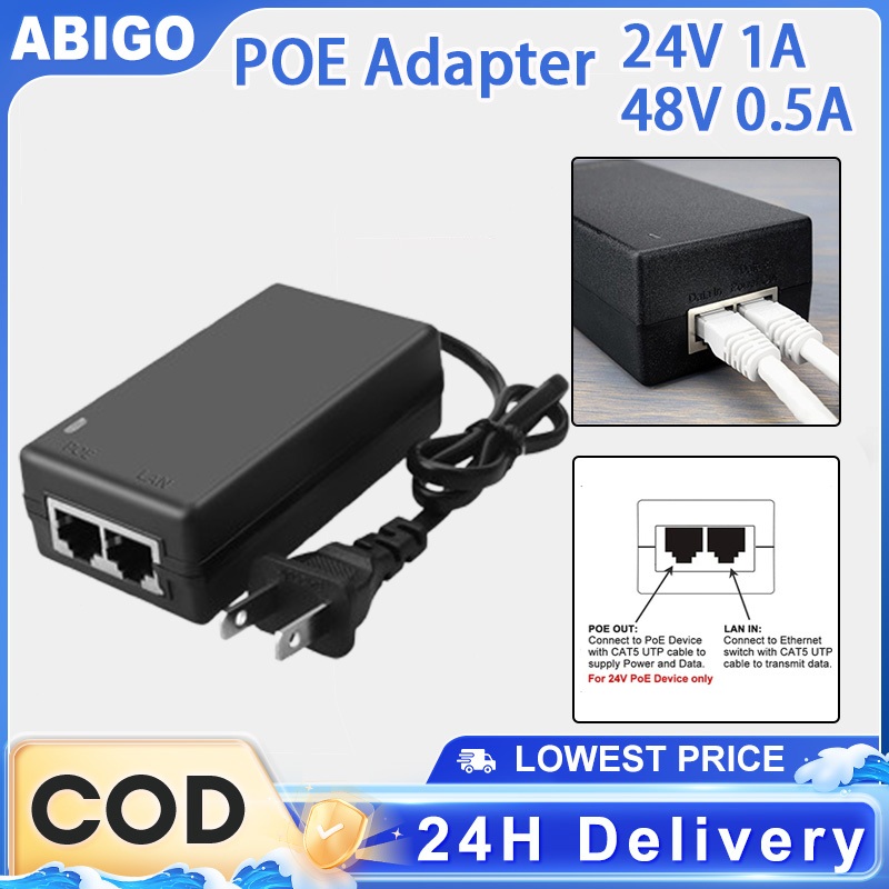 Poe Adapter 48V 0.5A 24V 1A With US-style plug Power Injector Splitter ...
