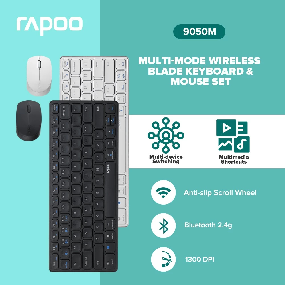 RAPOO 9050M Multi-Devices Wireless Keyboard and Mouse Set Rechargeable ...
