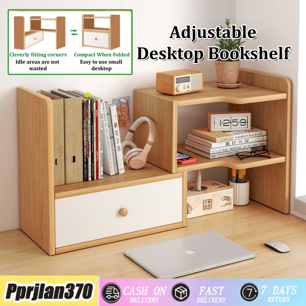 Wooden Desktop shelf with Drawer 30-60cm Adjustable Storage Organizer ...