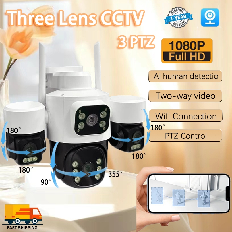 Three lens 6K HD 12MP 3PTZ CCTV Camera Wireless WiFi Outdoor Waterproof ...