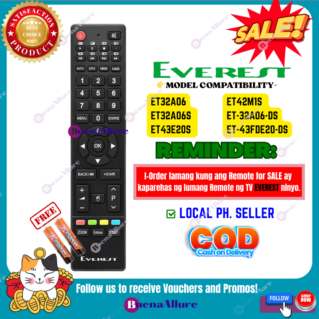 ORIGINAL EVEREST TV REMOTE ET43E20S ET32A06 ET42M1S ET-32A06-DS ...