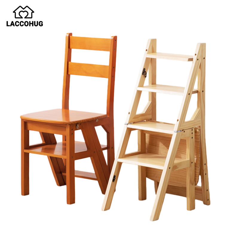 LACCOHUG 2in1 Ladder Chair Folding Dual Use Solid Wood Indoor Climbing ...