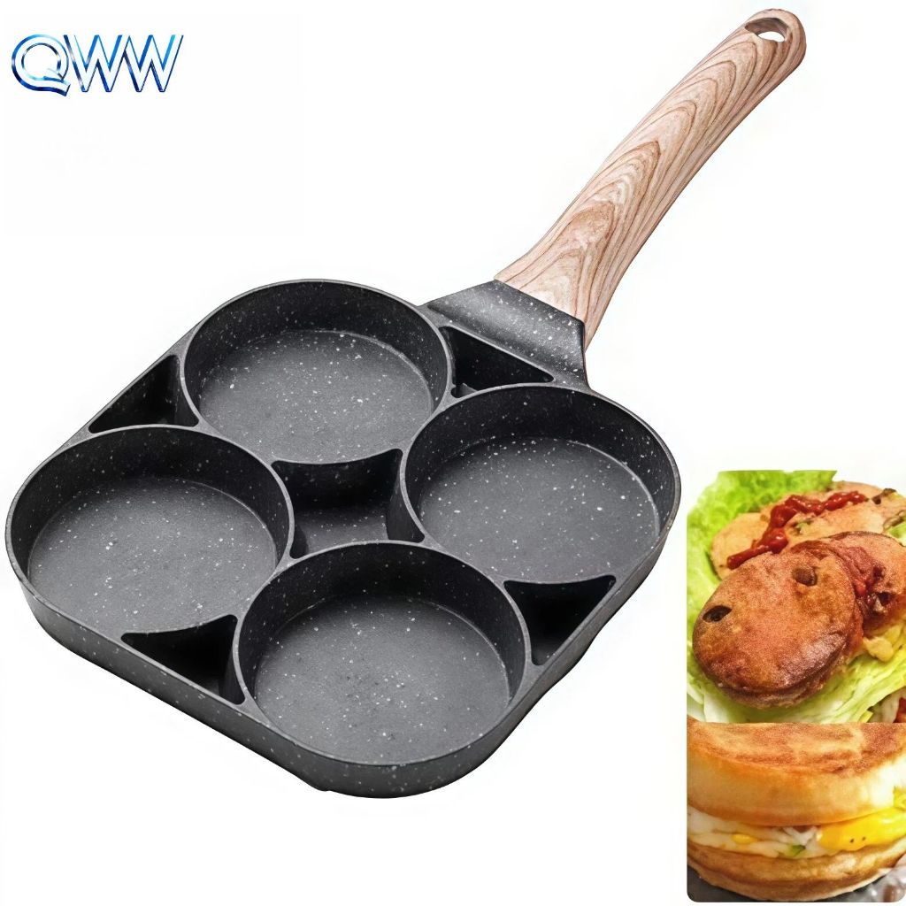 QWW 4 Hole Omelet Pan for Burger Egg Ham Pancake Maker Wooden Handle ...