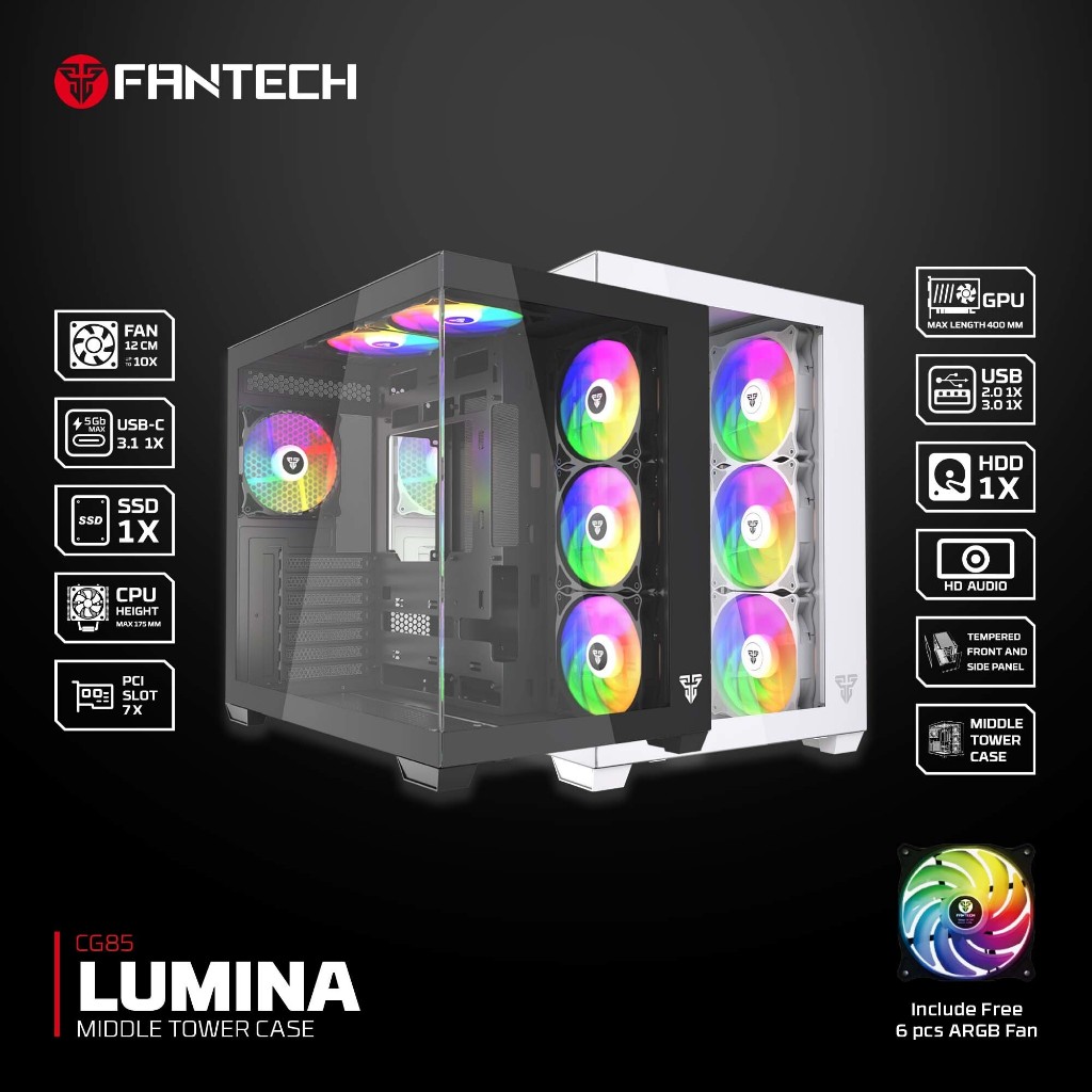 Fantech Lumina CG85 Middle Tower Case Gaming PC Case with 6 Free ARGB ...