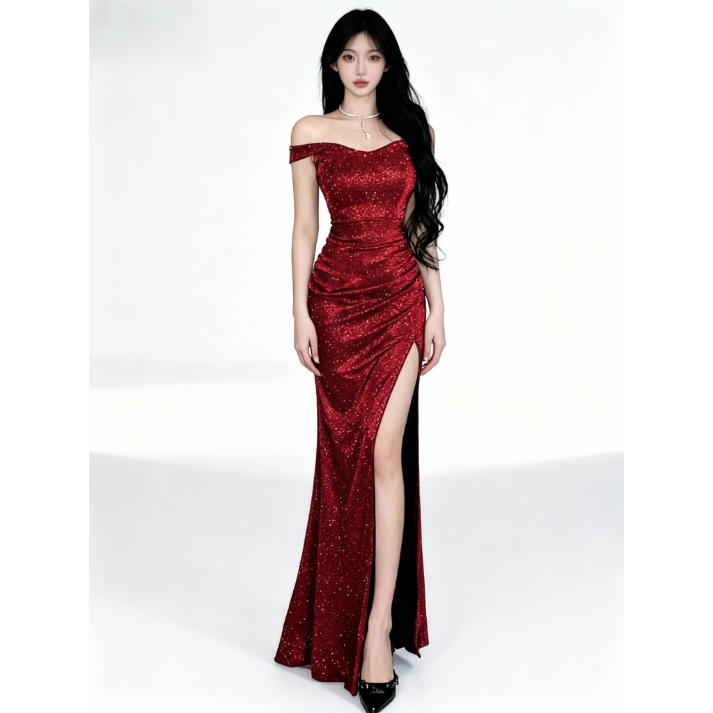 Red long glitter evening dress for woman formal elegant xmas christmas  party prom dress off shoulder | Shopee Philippines