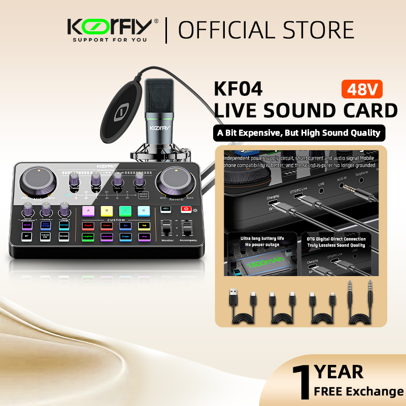 KOORFLY KF04 Live Sound Card Audio Interface Sound Mixer For 48V MIC ...