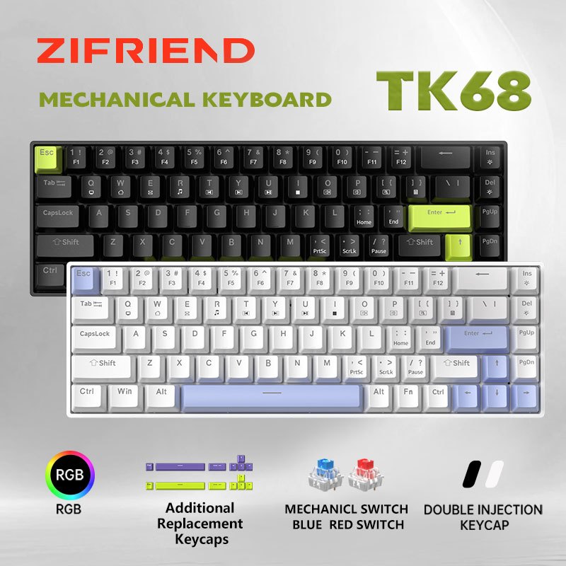 Zifriend TK68 Wired Mechanical Gaming Keyboard RGB Backlight 68% Layout ...