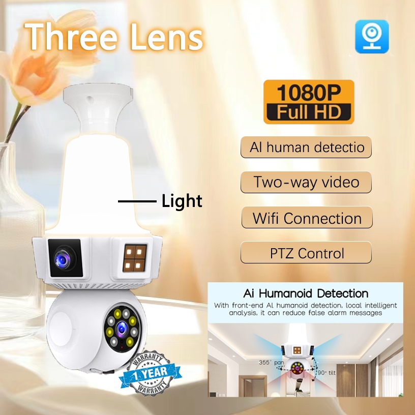 Three Lens Bulb CCTV Camera Smart 360 Degree Security Camera Wi-Fi ...