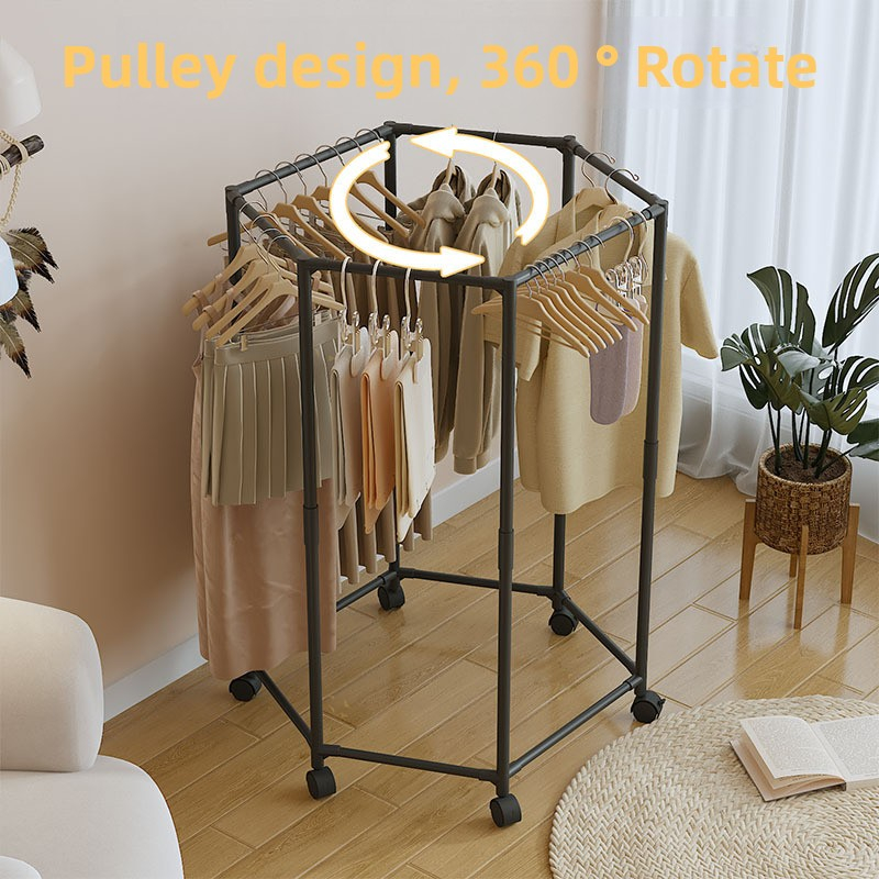 360° Rotating Metal Clothes Hanging Rack with Wheels Portable Hexagonal ...