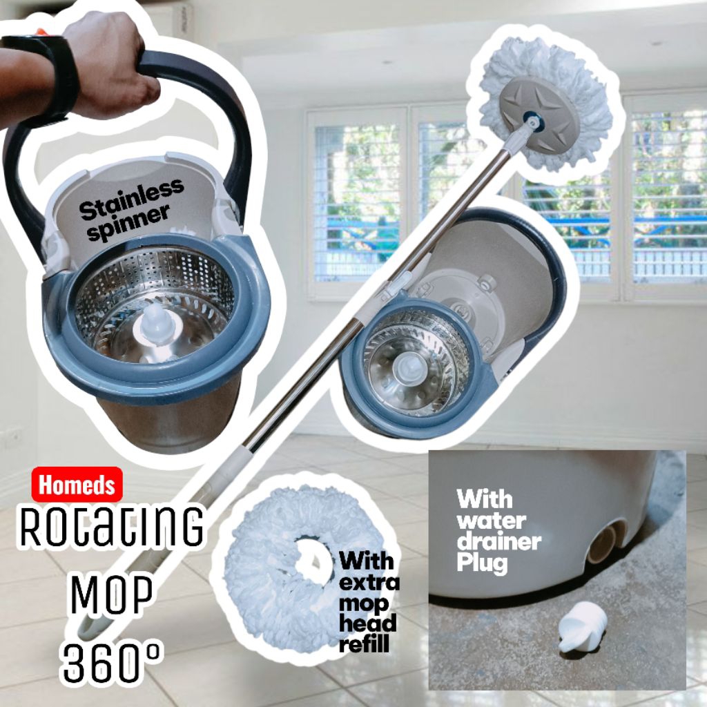 360° tornado mop spinner with drainer plug and free extra mop head and ...