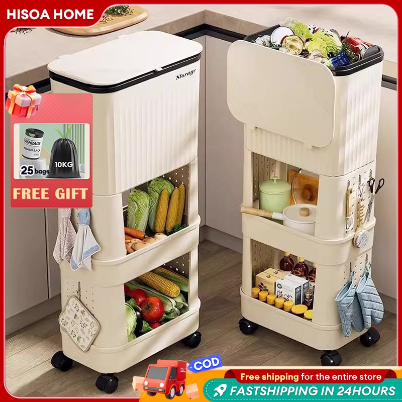 Hisoa Multi Layers Trash Bin Kitchen Trolley Cart Storage Rack With ...