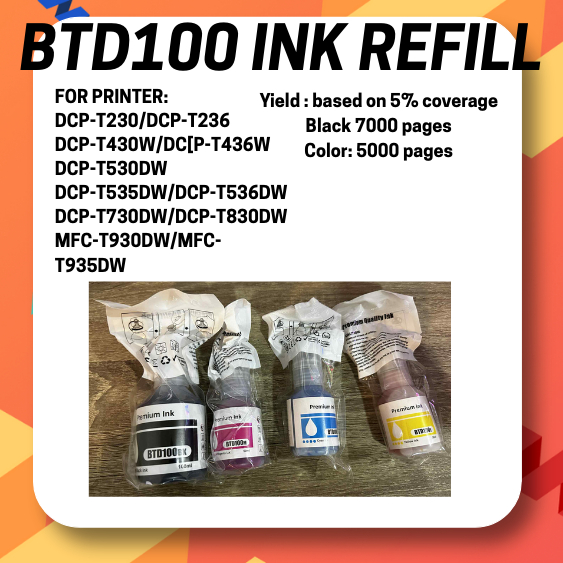 BTD100BCMY COMPATIBLE INK REFILL HIGH YIELD PREMIUM QUALITY DCP-T230 ...