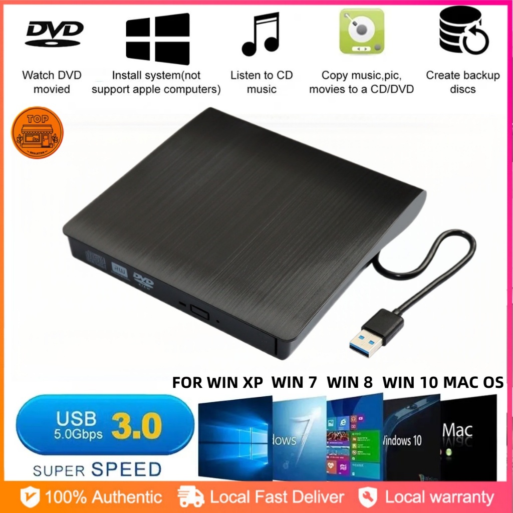 Portable External DVD Drive, USB 3.0 Type-C CD DVD Burner, Plug and ...