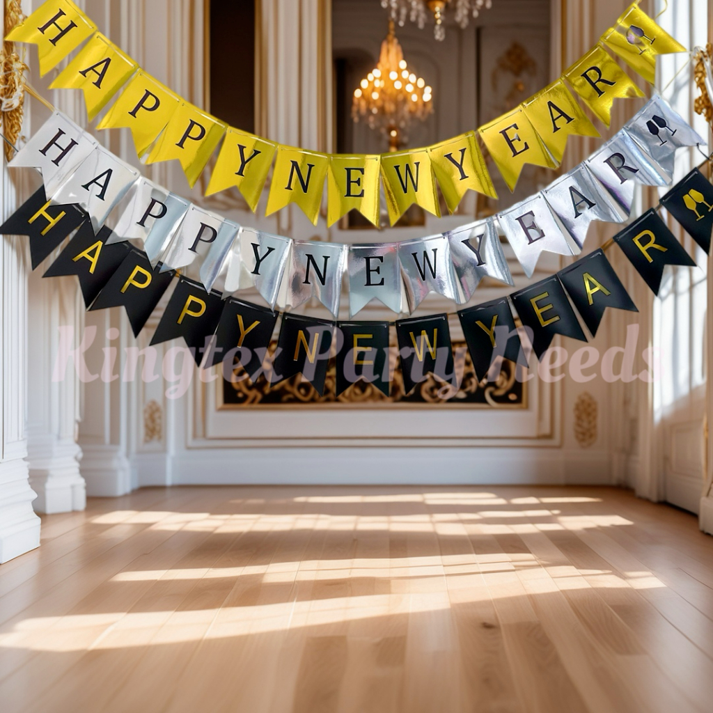 2026 Happy New Year Banner Chrome With Ribbon Hanging Backdrop For New ...