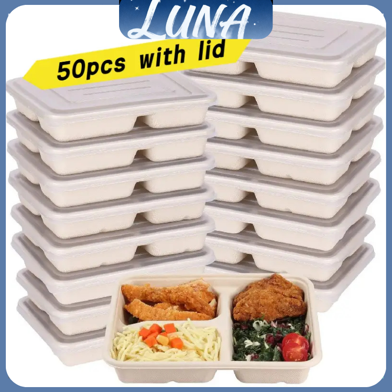 50pcs Sugarcane Pulp Bento Box Bagasse Food Container Biodegradable ...
