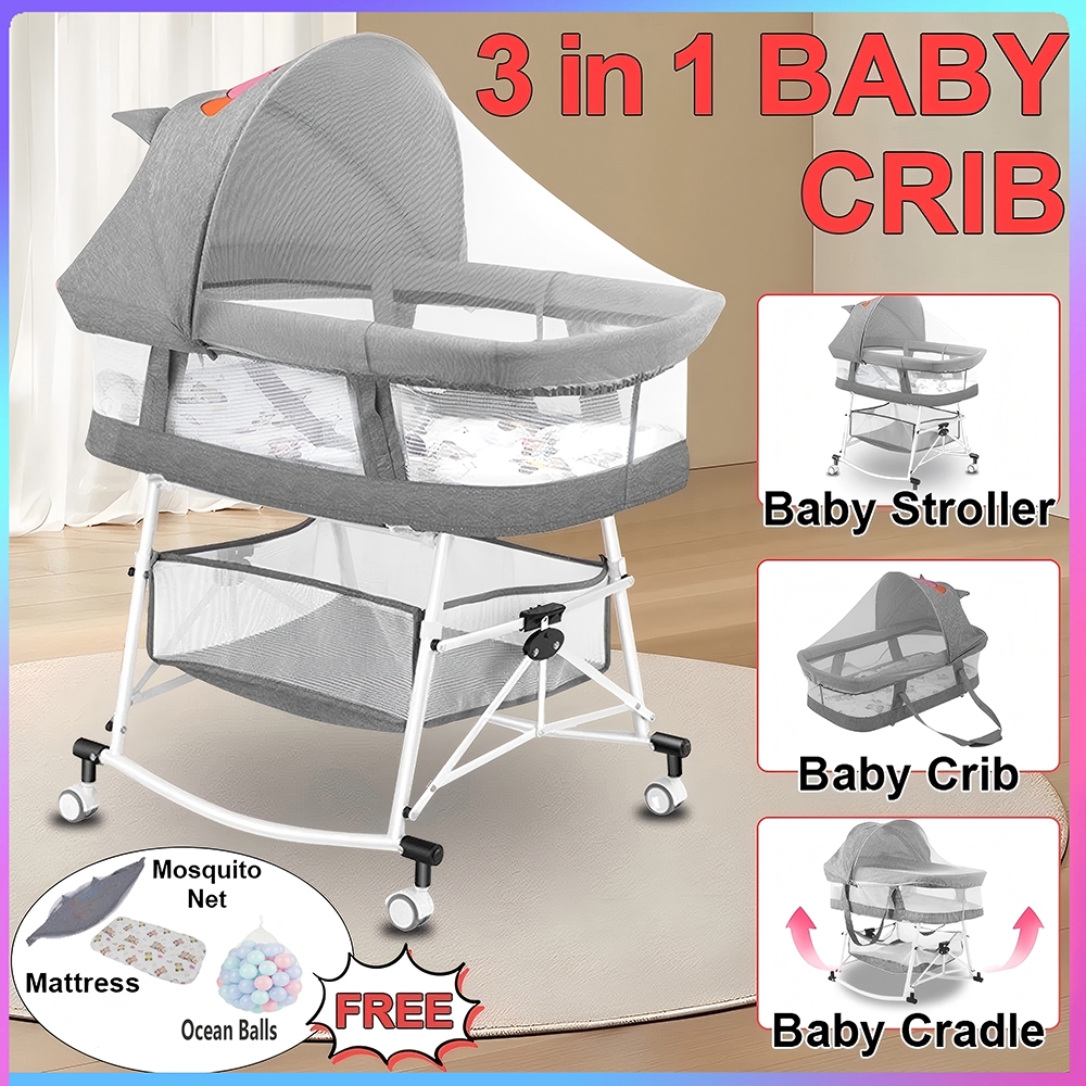 【With Free Gifts】3 IN 1 Folding Baby Crib Adjustable Rocker Bassinet ...