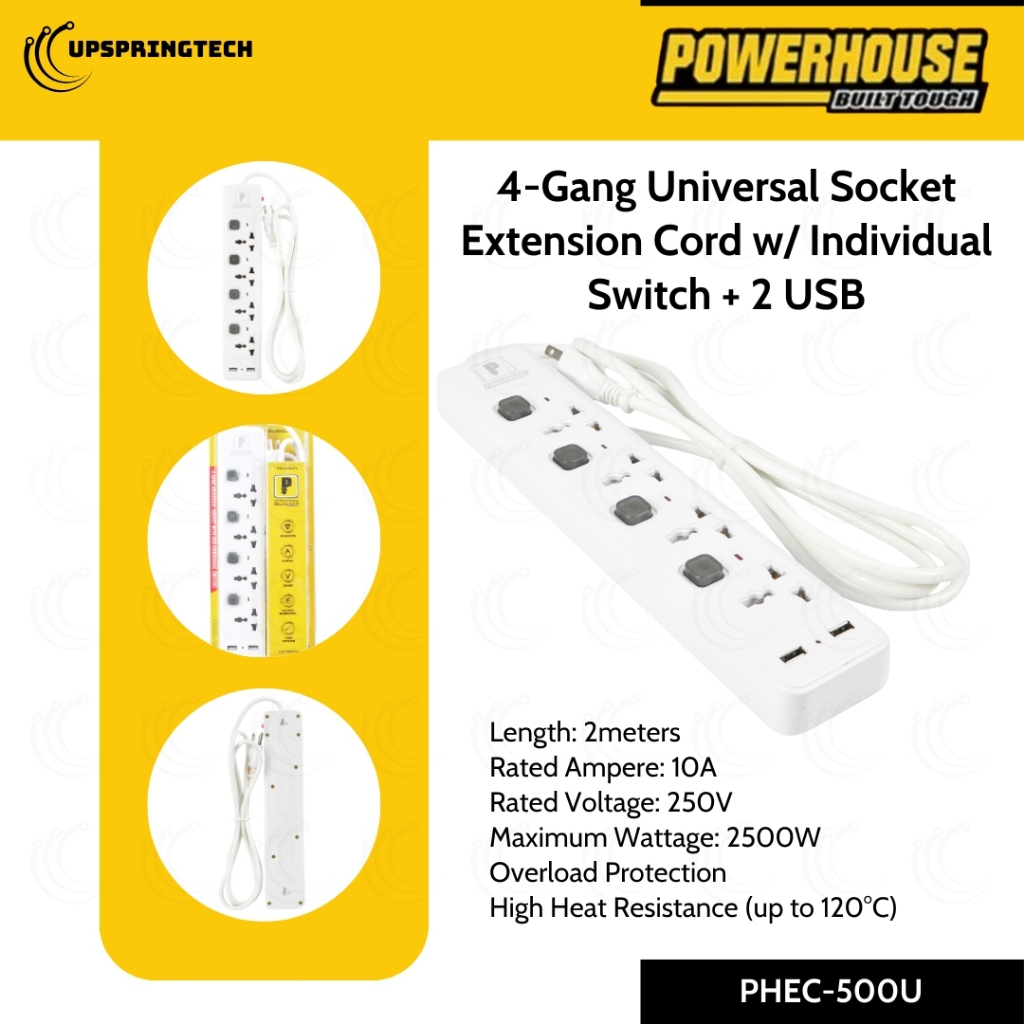 Powerhouse PHEC-500U 4-Gang Universal Extension Cord + 2 USB — 2 meter ...