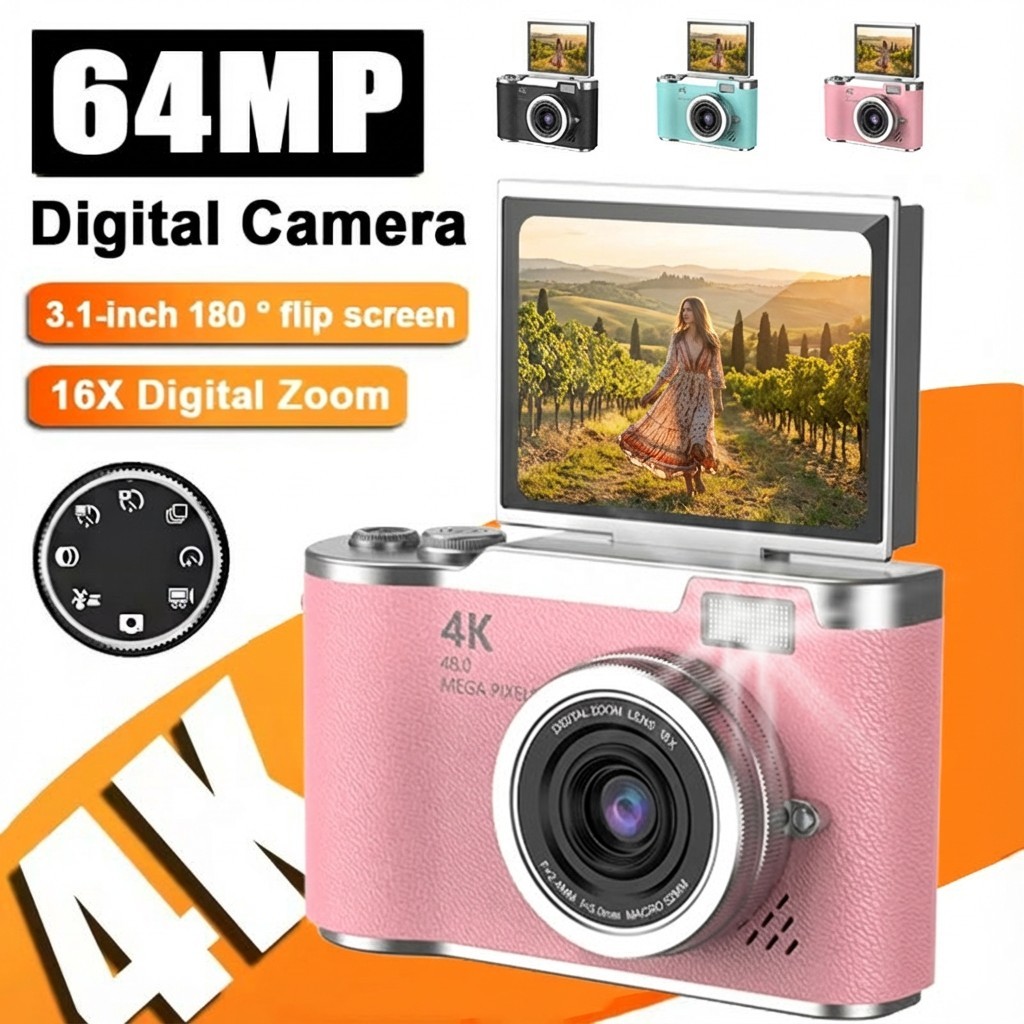 64MP Digital Camera 4K Compact Camera 180° Flip Screen 16X Digital ...