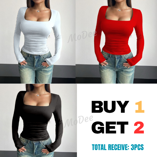 Take 1 Double Lining Square Neck Long Sleeves Top Body Hugging Top For ...