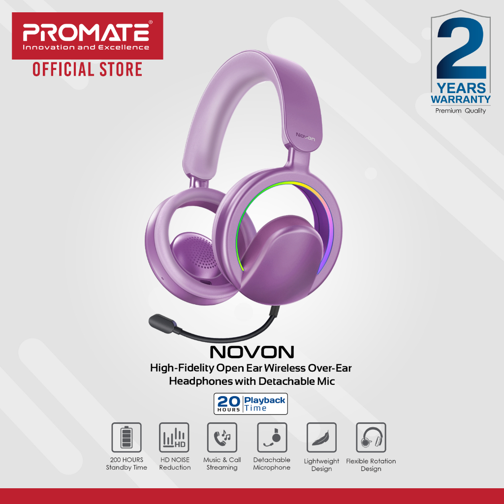 Promate Novon Open-Ear Wireless Headphones with Mic, RGB Lights, 20H ...