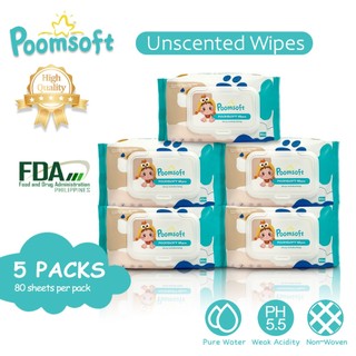 Poomsoft 5 Packs x 80 Sheet No-Alcohol Unscented Safe Baby Gentle Wipes ...
