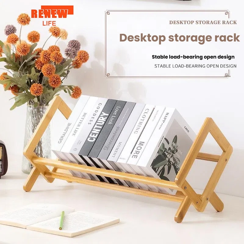 Bamboo Desktop Bookshelf Storage Rack Tilting Book Shelf For Office ...