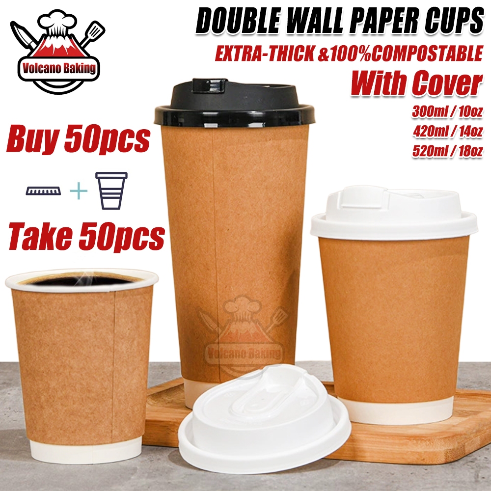50pcs Double Wall Coffee Paper Cup 10oz 14oz 18oz (Kraft / Black) With ...