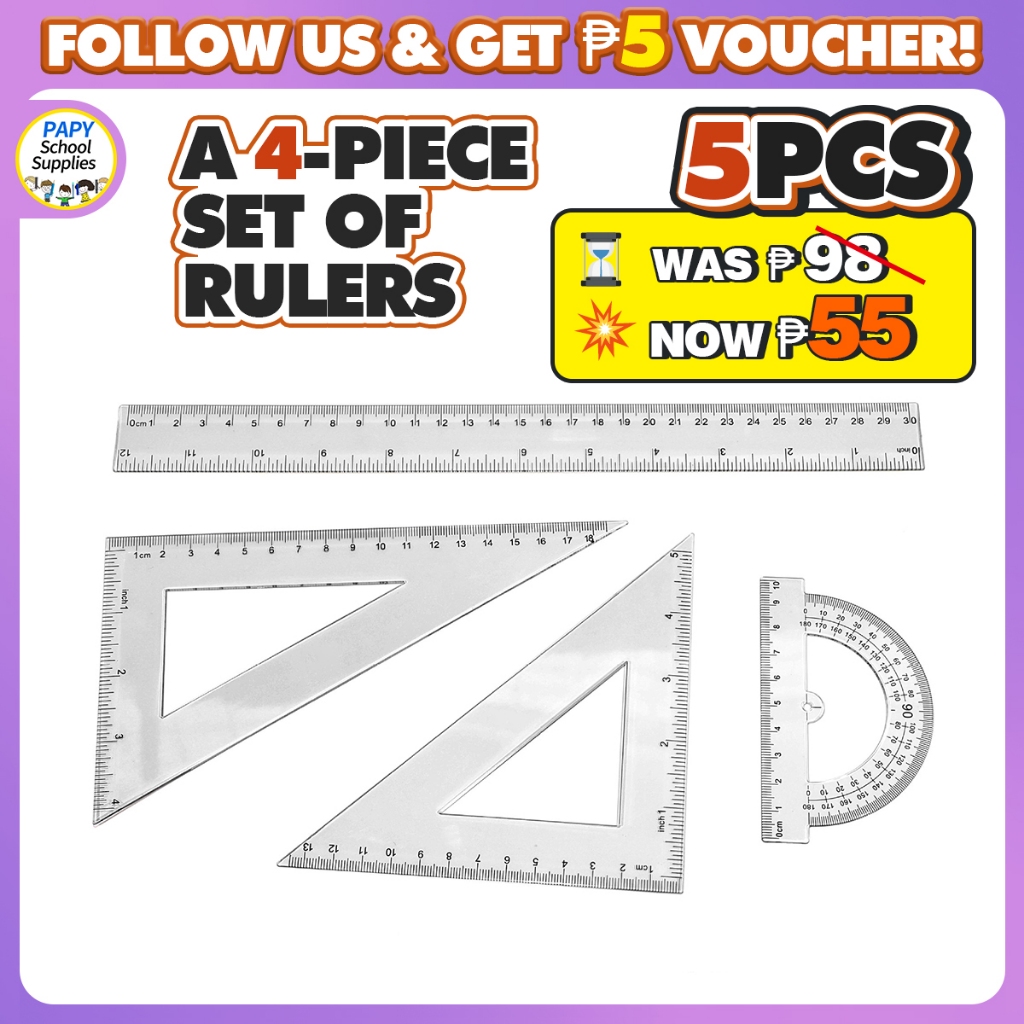 5PCS Geometry Set 30cm/20cm Ruler Compass Protractor Triangle School ...
