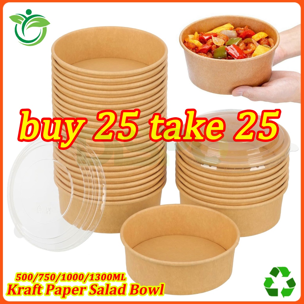 50pcs Kraft Paper Food Bowl Biodegradable Disposable Salad Bowl With ...