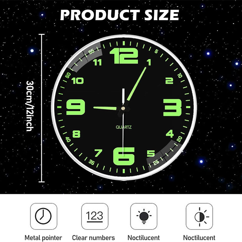 12 Inch Silent Luminous Wall Clock Glowing in the Dark Round Modern ...