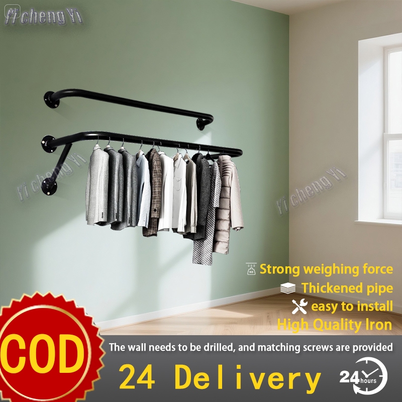 【24h ship】Metal Clothes Rack Wall-Mounted Hang Rack Black Iron Pipe ...